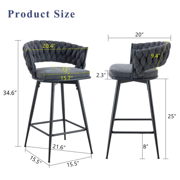8371dc1aea2e45428906fc0424302ff2_7713c49b0f811a833ea5ffb9c0e82a02 Two sets of rotating high-legged stools with breathable cotton and linen cushions, Dark gray seats paired with black spray-painted iron frames, suitable for both restaurants and bars