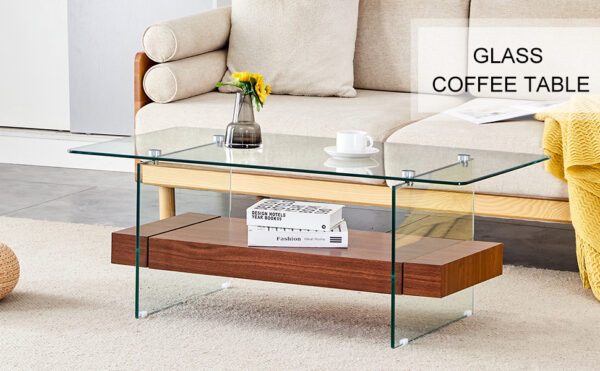 83b2e1badc3f40ccbb2c0984bf3c8ec0_085637587b9c52590e81865e0a78ef06 43.3 Inch Modern Two-Tier Coffee Table - An Elegant Combination of Clear Glass and Dark Wood Texture Sticker.It can be used not only as a coffee table but also as a side table or display stand.