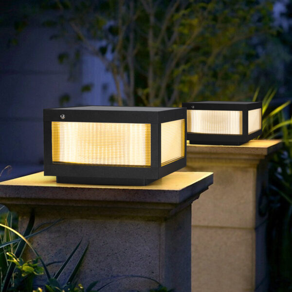 12" Black Solar Powered LED Post Cap Light, Modern Outdoor LED Fence Light for Pathways, Decks, and Patios (2-Pack)