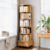 6 Tier Rotating Bookshelf, 360° Display Round Spinning Bookshelf with Wheels and Drawer, Space-Saving, Small Space Rotating Bookshelf Tower for Bedroom, Living Room, Home, Office, Wood Color