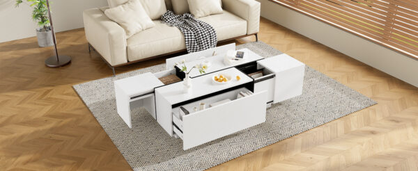 U-Can 47.2''-72.7'' Extendable Coffee Table, Multi-Functional Coffee Table with High-Gloss Finish, Coffee Table with 2 Hidden Storage Space and 2 Drawers for Living Room