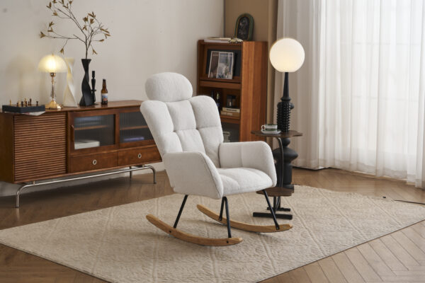 055-Teddy Fabric Upholstered Nursery Rocking Glider Chair Modern Accent Armchair Padded Seat with High Backrest and Pillow for Living Room Bedroom (Ivory)