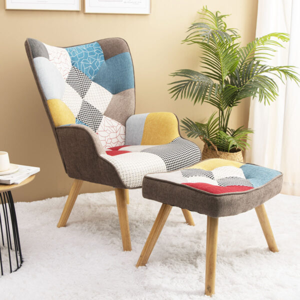 854863a5514a4aac83c3b5b17442181e_20231221_a55fad7aa4119ac6d1713fc768cdb869 Accent Chair with Ottoman, Living Room Chair and Ottoman Set, Comfy Side Armchair for Bedroom, Creative Splicing Cloth Surface