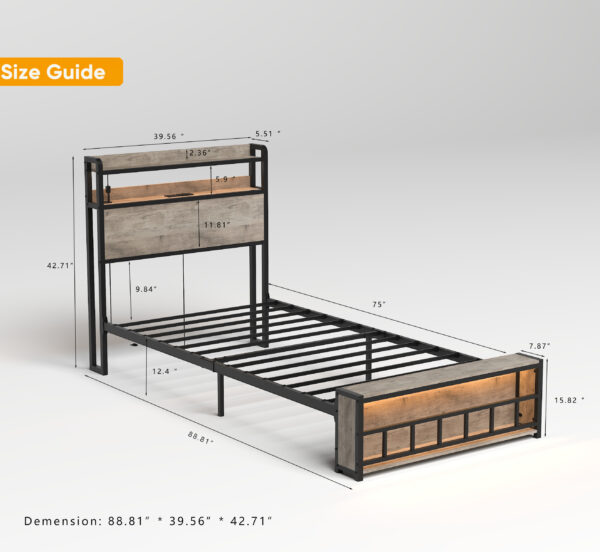 85b0c1556cbe4cdfbb1bd6b044e2cc7a_61f513b0566144abe32df40cd4fdf792 Twin Bed Frames , Headboard and Charging Station & LED Light for Bedroom, Solid and Stable, Noise Free, No Box Spring Needed, Easy Assembly