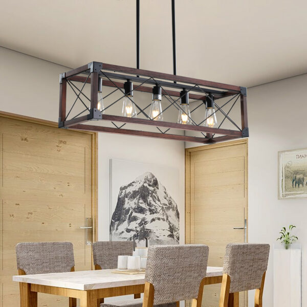 (Same as W1340P155968/L1011-RW) 32" Red Wood Industrial Farmhouse Rectangle Pendant Light, 5-Light Chandelier for Dining Room, Kitchen Island, Cafe Decor (No Bulbs)