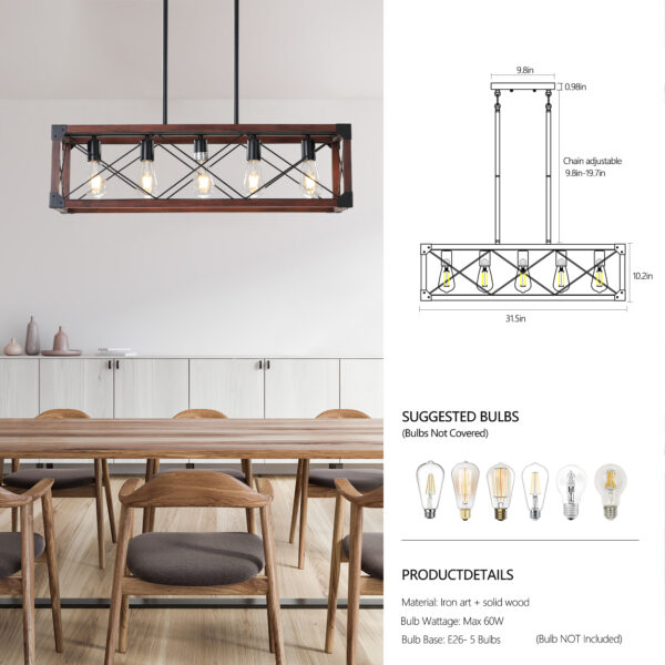 (Same as W1340P155968/L1011-RW) 32" Red Wood Industrial Farmhouse Rectangle Pendant Light, 5-Light Chandelier for Dining Room, Kitchen Island, Cafe Decor (No Bulbs)