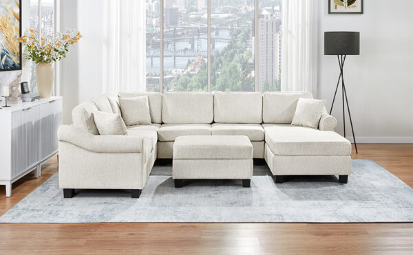 Sectional Sofa 111.8" U-shaped Sofa Chenille Upholstered Sofa Couch with Movable Storage Ottoman for Living Room, White