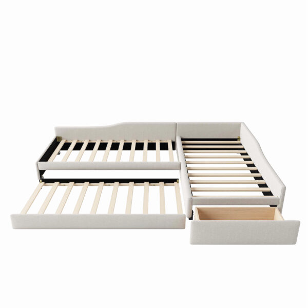 Upholstered Double Twin Size Daybed with Trundle and Drawer, Beige(Expected Arrival Time: 6.27)