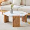 31-inch white marble-textured pentagonal coffee table - wooden triangular base, with a load-bearing capacity of 250 pounds, sturdy and durable, suitable for use in living rooms, cafes,.W1151138529