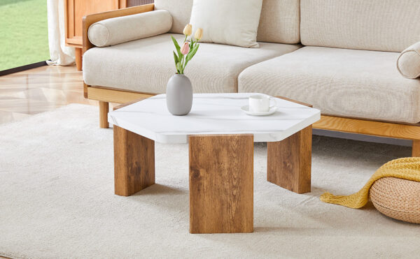 31-inch white marble-textured pentagonal coffee table - wooden triangular base, with a load-bearing capacity of 250 pounds, sturdy and durable, suitable for use in living rooms, cafes,.W1151138529