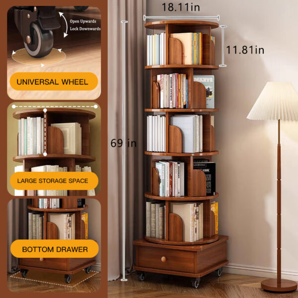 8676c3ab69c545fc8fdae8e0d91d47b7_b7881174d12309c818433311b43dec6d (UPGRADED) Rotating Bookshelf, 360 Display Corner Bookshelf for Small Space, 6 Tier Bookcase Storage Rack with Wheels, Wood Narrow Organizer for Bedroom, Living Room, Study Room, Walnut Brown, Shelves