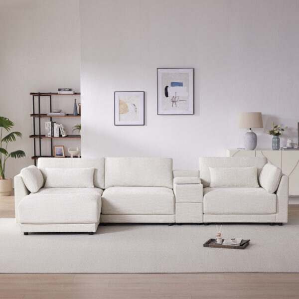 [VIDEO+NEW]124'' Modular Sectional Sofa with Storage Console and Movable Ottoman,33'' Wide Seat,4 Seat L Shaped Chenille Couch,Reversible Comfy Sofa with USB Charger for Living Room,Apartment,2 Colors