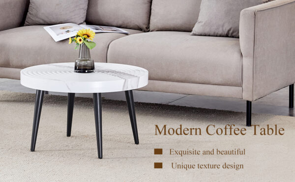 86860d8c8baf41b89d46369678da66f3_980d1472caf98db2c831675c70dedc04 Elegant White Marble Pattern Round Coffee Table - Diameter 23.6 Inches, Exquisite Suction Molding Process,White Marble Pattern Design,Black Sprayed Metal Leg.