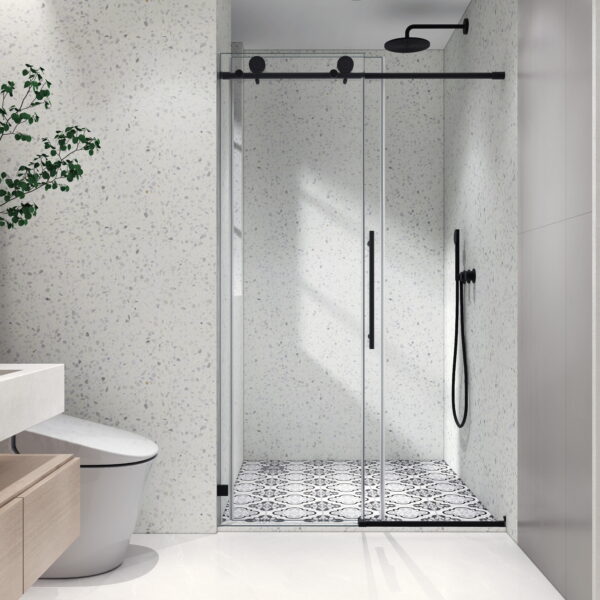 87488540e81c4044b3c9c22be66b48c3_768de652a83366eda9e100f71bb2673d 4876 Matte Black frameless one fixed and one shifted Shower Door, 70MM 304 SUS large pulleys with adjustable soft closing function,with nano easy cleaning and stick explosion-proof menbrance