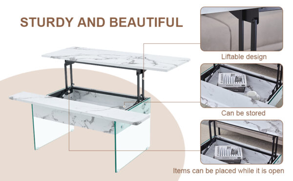 87a046fc7cbd47b7a5bf1bbc4406eaab_cd7732ac6daa1eb6e2e050c4102e4144 Multifunctional Lift Top Coffee Table -White Marble Pattern, Essential for Modern Homes.Tempered Glass Legs,Multiple Color Options,Lift Top Feature.Perfectly Fitting Into Both Living Rooms And Office.