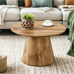 Natural Wood Grain MDF Round Coffee Table - 25.6" Diameter, 15.7" Height.Natural Wood Grain Texture Sticker,Exquisite Wood Grain Surface,Flexible MatchingMRound Tabletop Design.