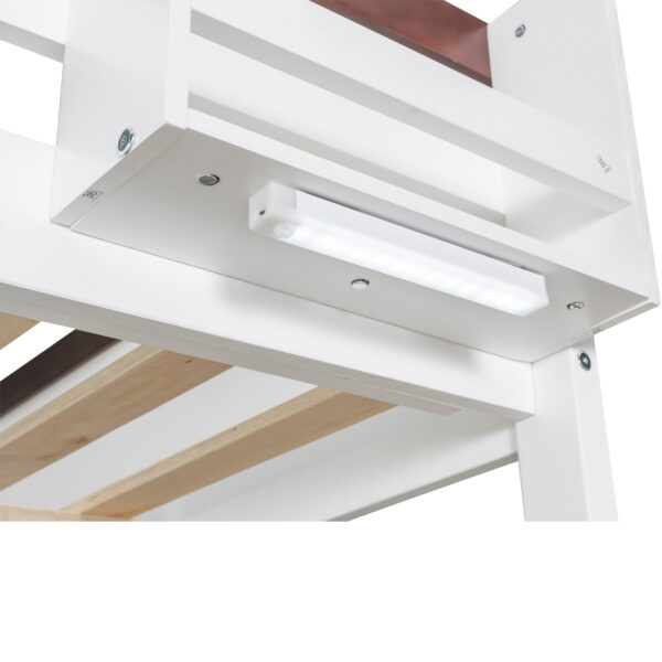 Queen Size Wooden Bunk Bed with Built-in Shelves,Storage Box,LED Light and USB Charging Station,White(ETA:6/30)