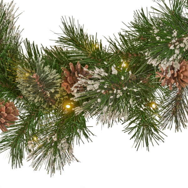 8a4ffe271ca444c99c58256a0fa698dd_91e2309722c670bc1d128f4759820aa0 2-packed 9'X10'' Cashmere and Snow Bristle Garland with 20 Pine Cones and with 50 Warm White LED Lights with Timer-Battery Operated-Outdoor,160 Tips
