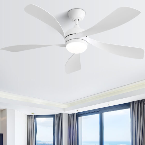 (Same as W882P146902) 52 Inch Modern Led Ceiling Fan With 3 Color Dimmable 5 ABS Blades Remote Control Reversible DC Motor White For Bedroom