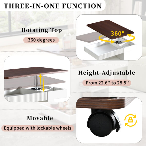 U-Can Adjustable End Table with Wheels, Modern Multifunctional Sofa Side Table with Lift-Top, 360°Rotating Top and Storage Space for Living Room, Small Space