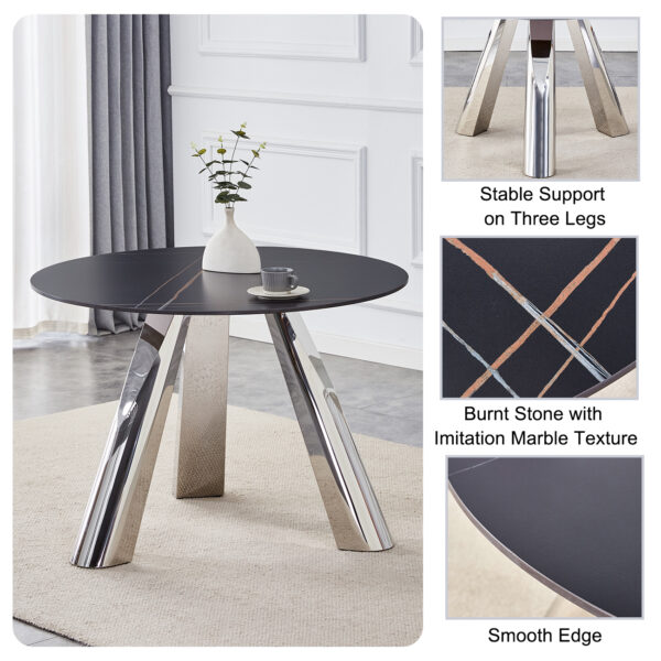 8c2b2a00637b46c4ba5ba880ce555904_c0db6791e2cd156774aa27a05820a409 A 42-inch burn stone round table with stainless steel legs can accommodate 4 or 6 diners