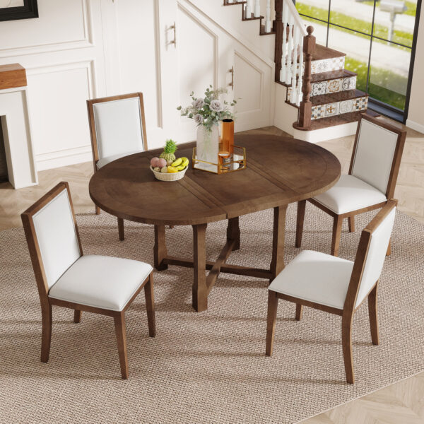 TREXM 5-Piece Extendable Dining Table Set for 4, Round Dining Table for 4 with Upholstered Chairs, Farmhouse Kitchen Table Set with Removable Leaf for Dining Room and Kitchen (Brown)