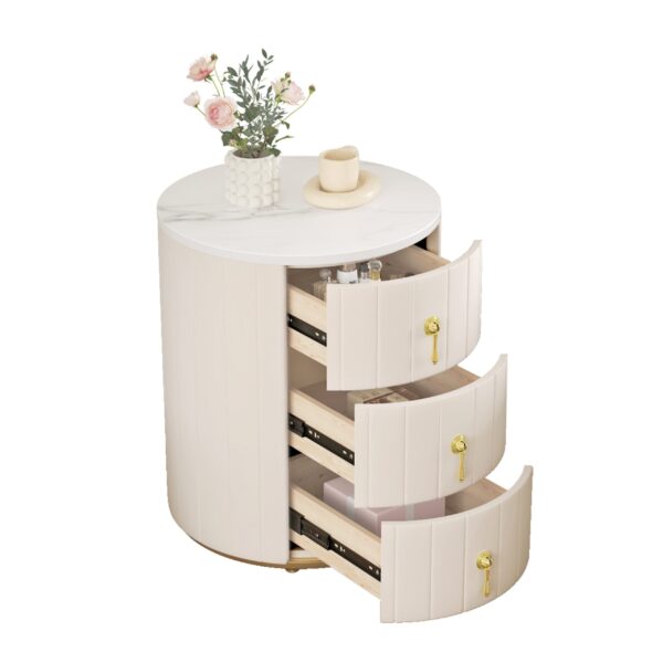 Upholstered Nightstand with 3 Drawers, Round Bedside Table with Metal Handles,Marbling Stickers Top Night Table for Bedroom, Fully Assembled Except Handles, Beige