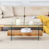 43.3 Inch Modern Two-Tier Coffee Table - An Elegant Combination of Clear Glass and Light Wood Texture Sticker.It can be used not only as a coffee table but also as a side table or display stand.