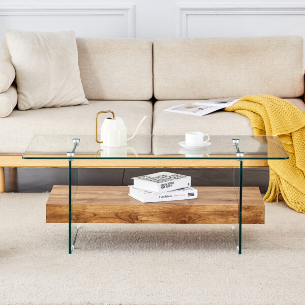 8d077253e3764f72bd7898fde74e4e8d_232bdbfbf9b0ca99d5d7ae70133076e5 43.3 Inch Modern Two-Tier Coffee Table - An Elegant Combination of Clear Glass and Light Wood Texture Sticker.It can be used not only as a coffee table but also as a side table or display stand.