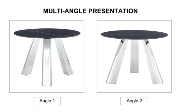 8d14e90890464162b572ccf65fb1b74f_10d7915db95a3d6ec36ee38903093445 A 42-inch burn stone round table with stainless steel legs can accommodate 4 or 6 diners