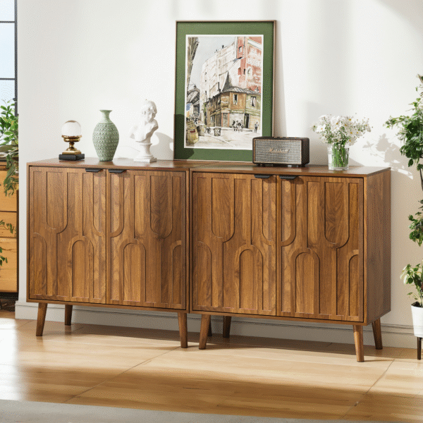Sideboard Buffet Cabinet with Storage, Farmhouse Buffet Cabinet With Paper Clip Design, Wood Coffee Bar Storage Cabinet for Kitchen, Dining Room, Living Room, Entryway, Walnut,31.5" W