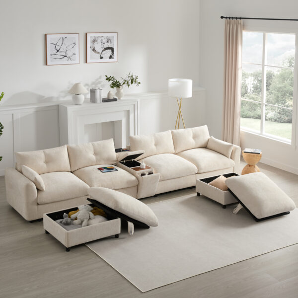 142'' Modular Sectional Sofa with Movable Storage Ottoman and Console,Cup Holder,Wide Seat,6 Seat U Shaped Couch,Oversized Chenille Sofa with USB Charger for Living Room,Apartment,2 Colors