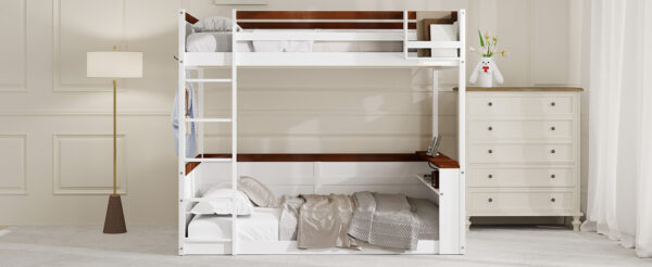 Queen Size Wooden Bunk Bed with Built-in Shelves,Storage Box,LED Light and USB Charging Station,White(ETA:6/30)
