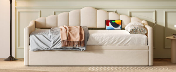 Upholstered Twin Size Daybed with Adjustable Height Pop Up Trundle Twin Bed and USB & Type-C Charging Port, Day Bed Frame with 2 Side Pockets, No Box-Spring Needed, Beige