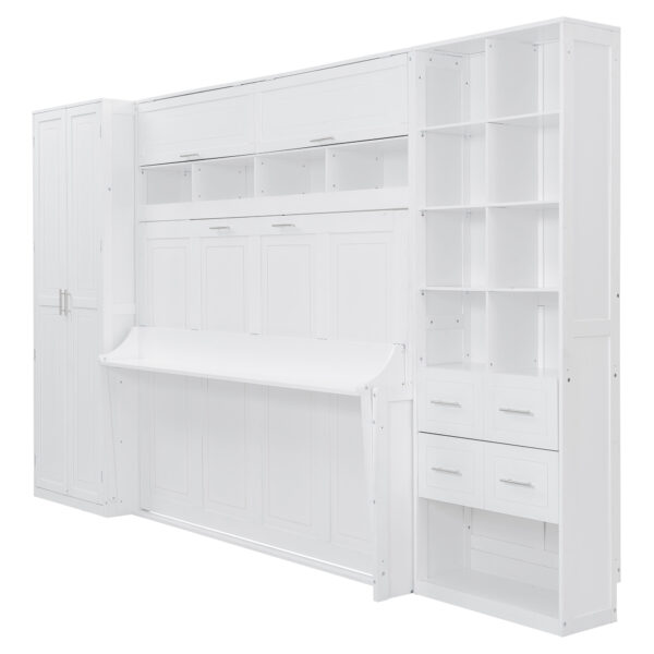 Queen Size Murphy Bed Wall Bed with Closet , Drawers and Shelves, White