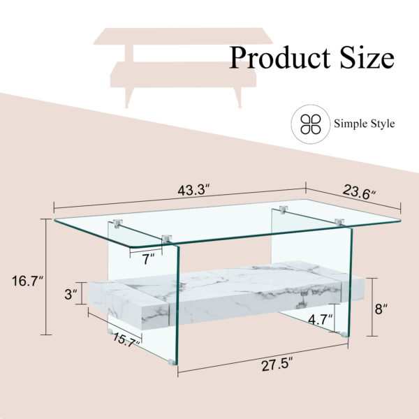 901bebd2105541f58becd8e5ac2493b8_85f69d8e93c352332fad0f1c75b64f26 43.3 Inch Modern Two-Tier Coffee Table - An Elegant Combination of Clear Glass and White Marble Pattern.It can be used not only as a coffee table but also as a side table or display stand.