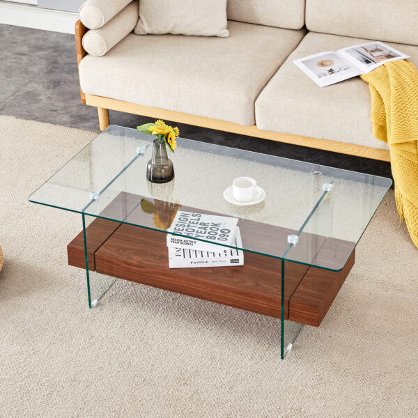 9044f32dbba8411a8ba30ea53177edb0_2c3c77a7dbf58c86feb3ba47d6a62734 43.3 Inch Modern Two-Tier Coffee Table - An Elegant Combination of Clear Glass and Dark Wood Texture Sticker.It can be used not only as a coffee table but also as a side table or display stand.