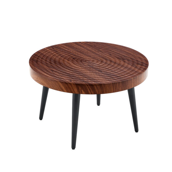 906cfc4ea9744b8bb0c8c72d0fe58e83_f0a92952b5db746912266dd68b692ceb Modern Round Coffee Table - Annular Texture, Durable and Robust With a Diameter of 23.6 inches.Exquisite Suction Molding Process,Walnut Color Pattern Design,Black Sprayed Metal Leg.