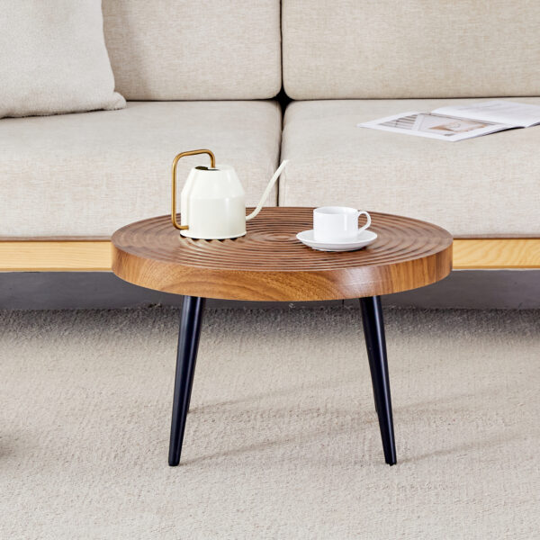 90d4aaa430974d77892dbdada4445863_41ddcfe70739686955563702e6126448 Natural Wood Grain Texture Round Coffee Table - Diameter 23.6 Inches.Exquisite Suction Molding Process,Natural Wood Grain Texture,Black Sprayed Metal Leg.