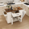 46" Kitchen Island on Wheels with Storage & Power Outlet - Movable Rustic Breakfast Bar Table, Wood Top with Adjustable Shelf & Drawer for Kitchen Dining Living Room, White