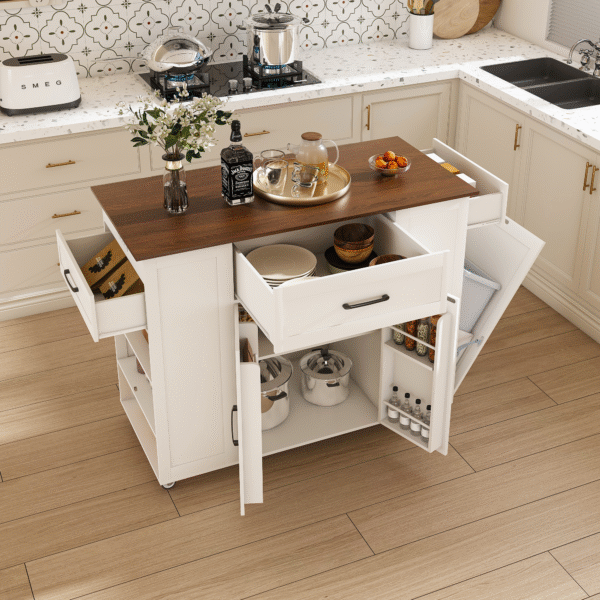 9122b0849c8d4f1088fda7b68bb1dd14_96e0ebdaf8196377717b78989032868b 46" Kitchen Island on Wheels with Storage & Power Outlet - Movable Rustic Breakfast Bar Table, Wood Top with Adjustable Shelf & Drawer for Kitchen Dining Living Room, White