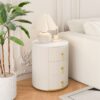 Upholstered Nightstand with 3 Drawers, Round Bedside Table with Metal Handles,Marbling Stickers Top Night Table for Bedroom, Fully Assembled Except Handles, Beige