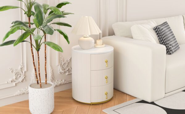 Upholstered Nightstand with 3 Drawers, Round Bedside Table with Metal Handles,Marbling Stickers Top Night Table for Bedroom, Fully Assembled Except Handles, Beige