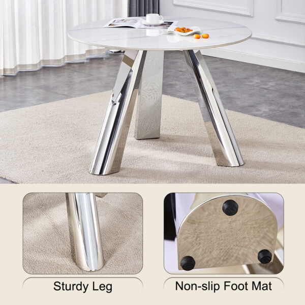 91632afb254b4d6baf74397b7ecbed61_5d39360f1bf2bd4bad0c08179da5d495 A 42-inch stainless steel leg round table with a marble top is suitable for use by four or six people