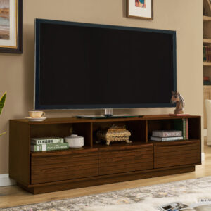 63" Mid-Century Modern TV Stand for TVs up to 75", Thick Sturdy Farmhouse Entertainment Cabinet, Media Console for Living Room, Louver Design & Solid Wood Drawers & Outlet Holes, Walnut