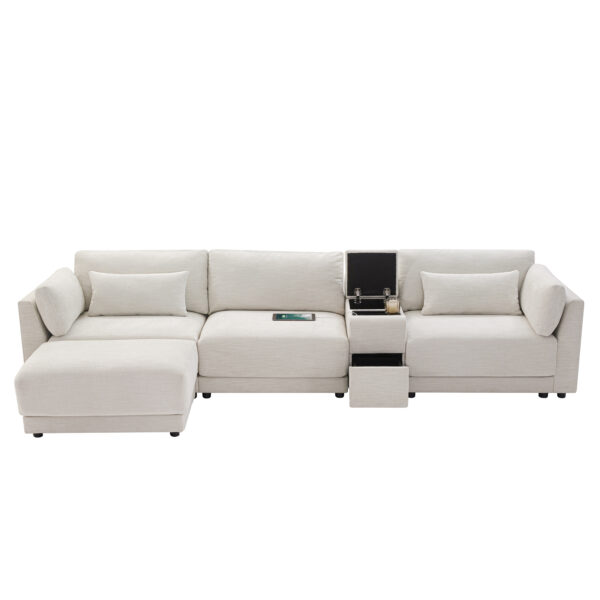 [VIDEO+NEW]124'' Modular Sectional Sofa with Storage Console and Movable Ottoman,33'' Wide Seat,4 Seat L Shaped Chenille Couch,Reversible Comfy Sofa with USB Charger for Living Room,Apartment,2 Colors