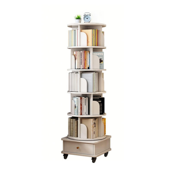 6 Tier Rotating Bookshelf, 360° Display Round Spinning Bookshelf with Wheels and Drawer, Space-Saving, Small Space Rotating Bookshelf Tower for Bedroom, Living Room, Home, Office, Warm White