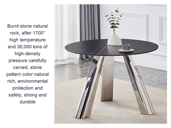 91e9dccbb82a4d418ac5566cc46157fd_8ee610c10e36980b87a1f519d2ec57bb A 42-inch burn stone round table with stainless steel legs can accommodate 4 or 6 diners