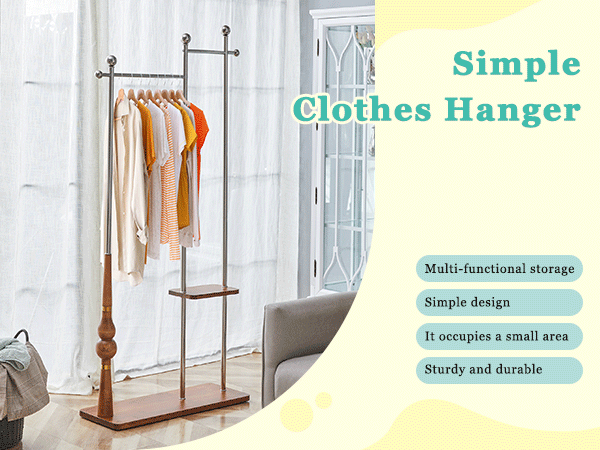 70" Industrial Coat Rack, Solid Wood & Silver Stainless Steel Clothing Rack, Double Layer Hanger for Coats, Hats, Bags, Shoes, Vintage Wood Grain (34.6" Wide)