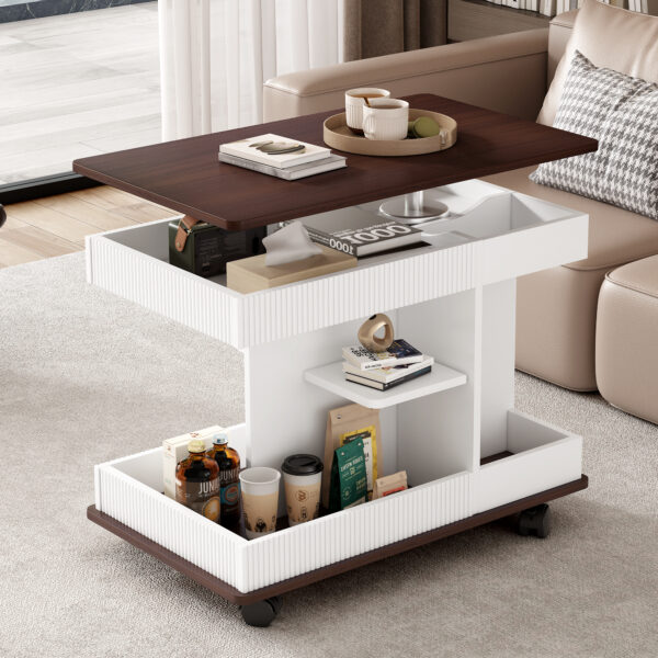 U-Can Adjustable End Table with Wheels, Modern Multifunctional Sofa Side Table with Lift-Top, 360°Rotating Top and Storage Space for Living Room, Small Space